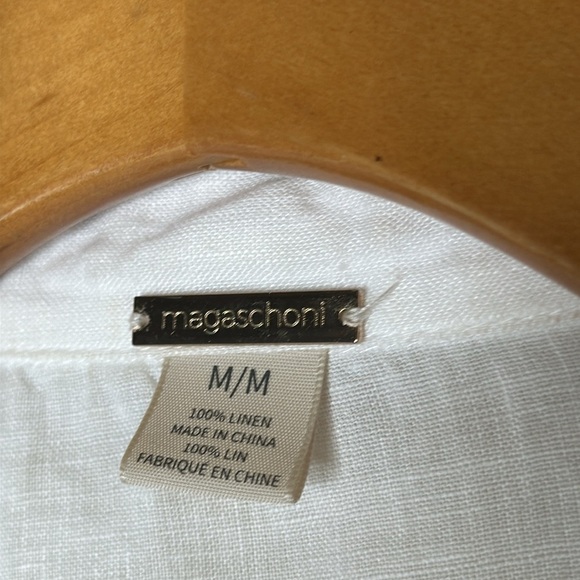 Magaschoni 100% Linen Oversized Roll Tab Sleeve Collared Button Up Top White MED - Picture 2 of 9